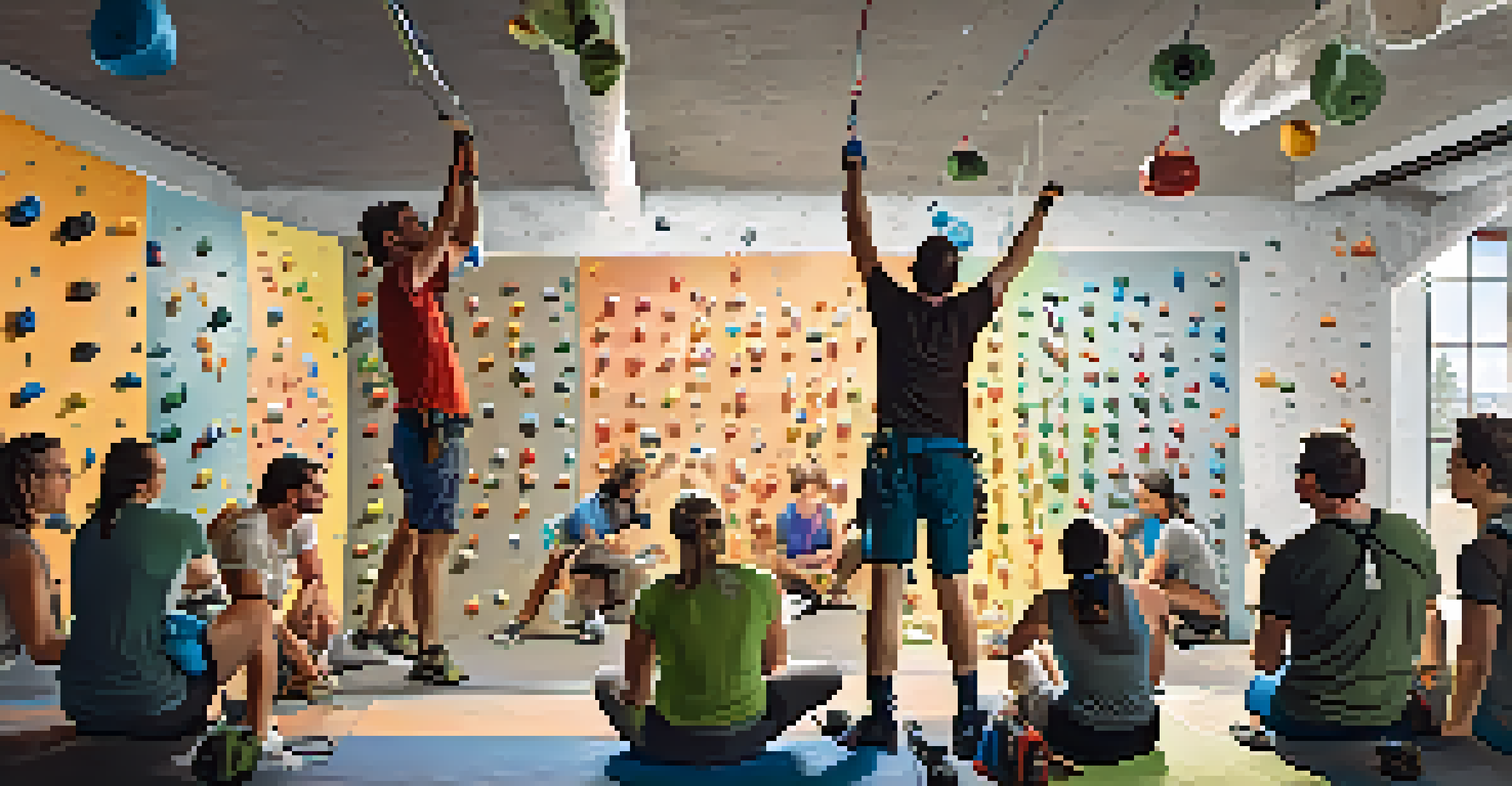 A workshop at the Boulder Climbing Festival with a climbing instructor guiding a diverse group of participants on a climbing wall.