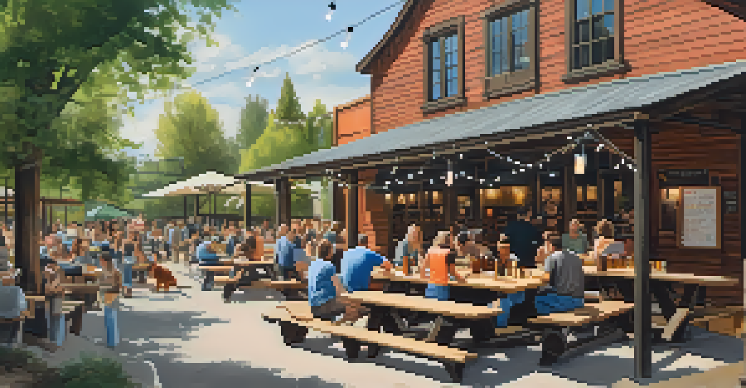A brewery with picnic tables, people enjoying craft beers, and playful dogs in a rustic outdoor setting.