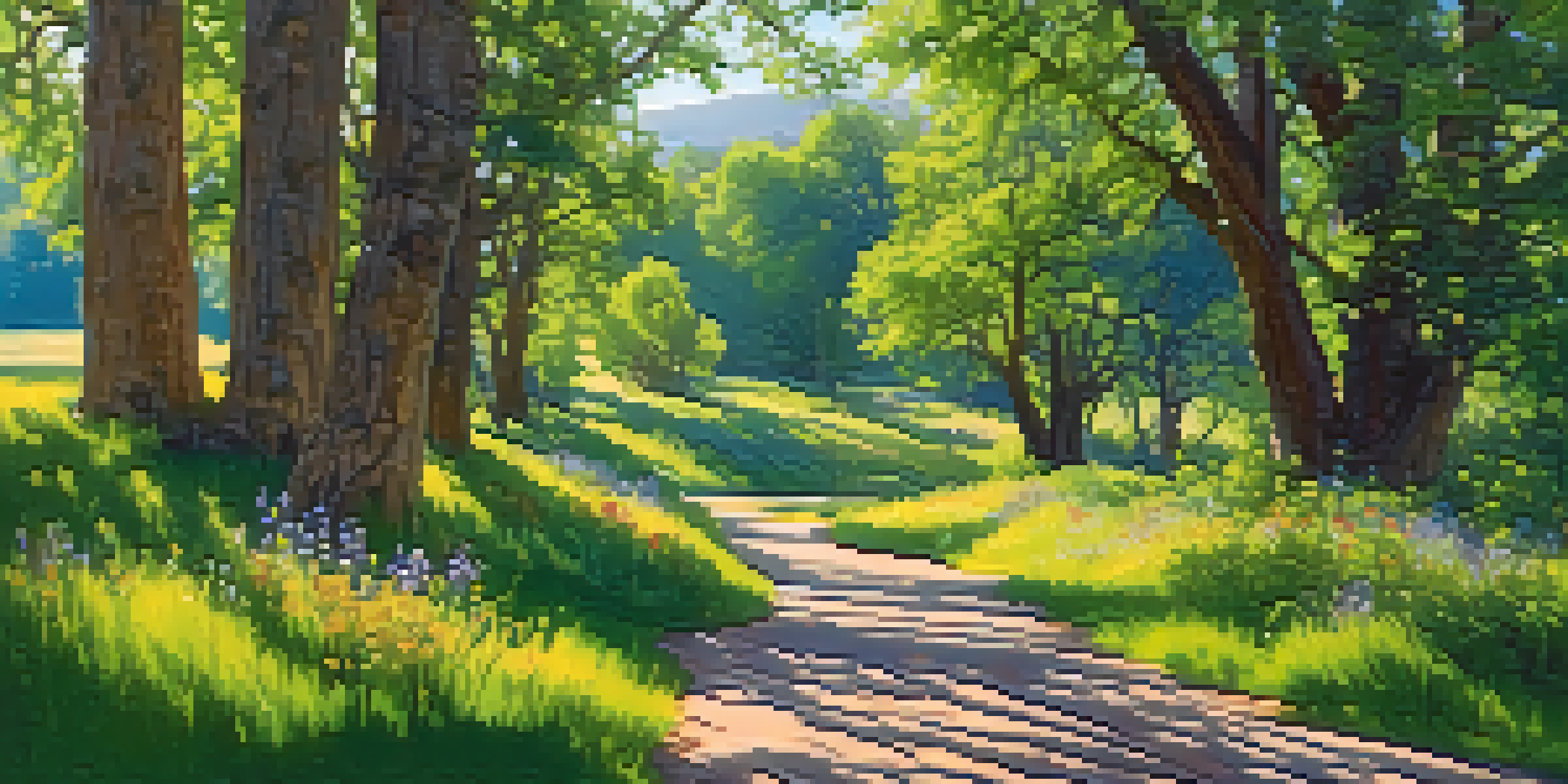 A vibrant greenbelt natural corridor in Boulder with deer and birds of prey, surrounded by trees and wildflowers under a blue sky.