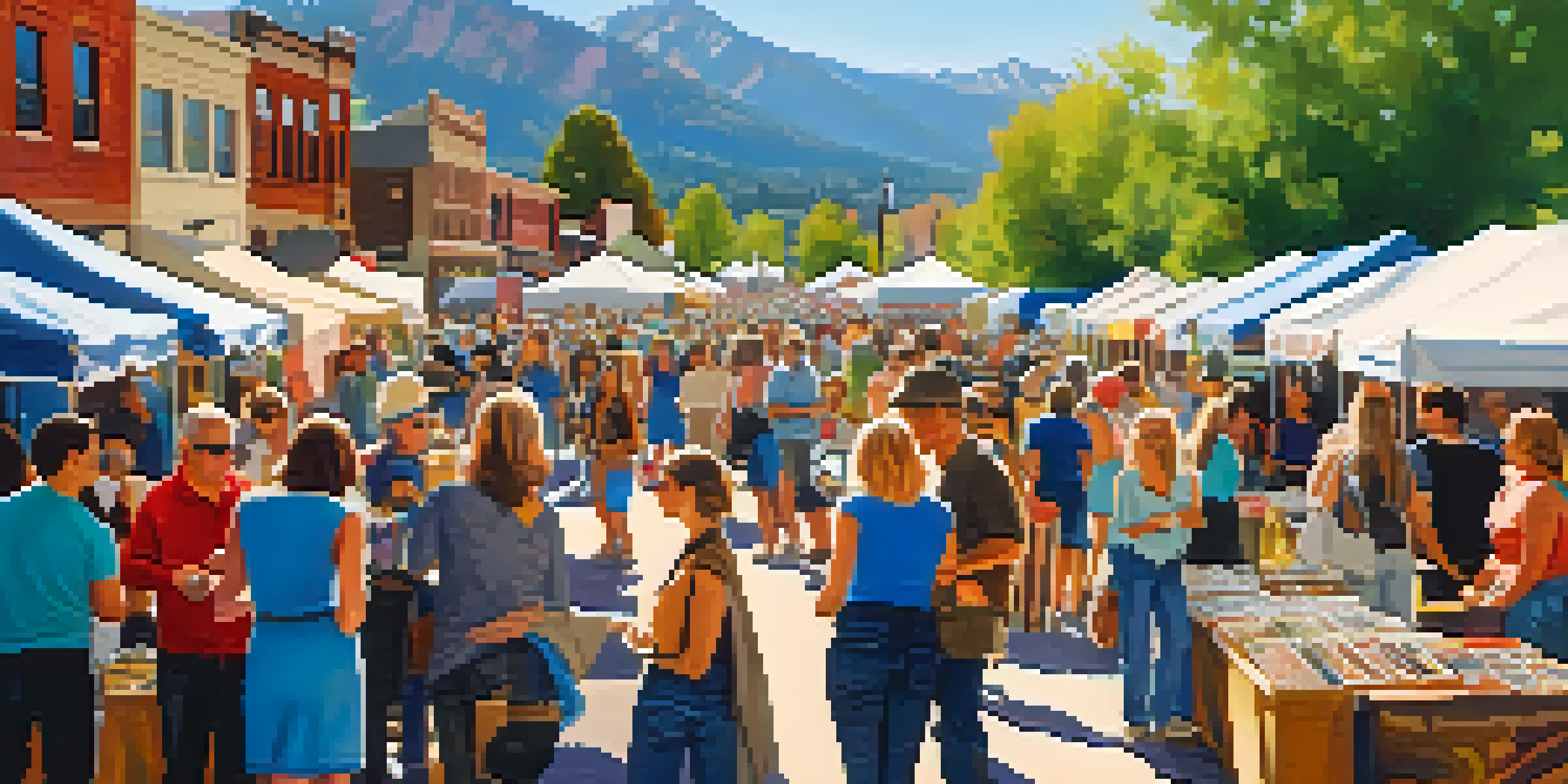 A lively craft fair in Boulder, with colorful booths and people interacting, set against a backdrop of mountains and a blue sky.