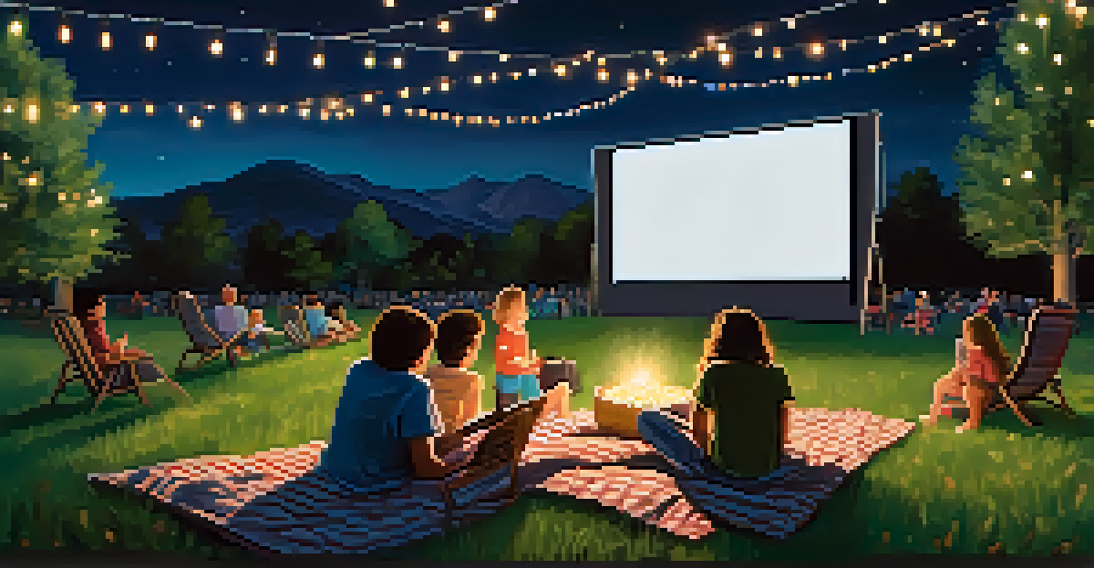 Families enjoying an outdoor movie night under the stars in Boulder, with blankets, popcorn, and string lights.