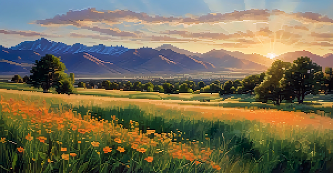 A beautiful sunrise over Boulder, Colorado, with the Rocky Mountains in the background and colorful wildflowers in the foreground.