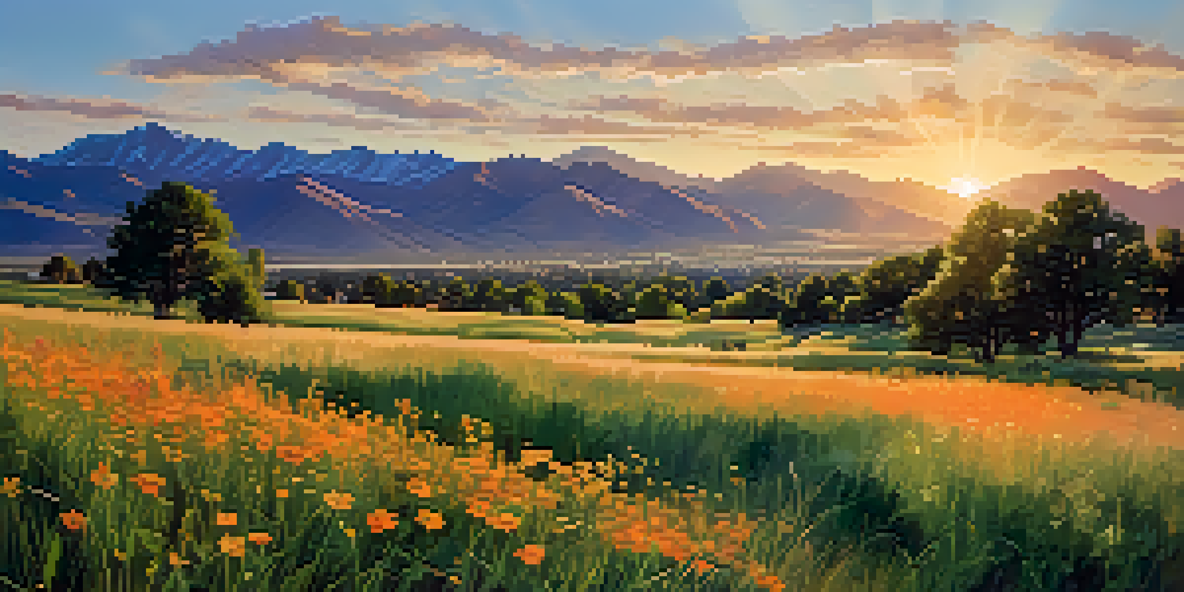 A beautiful sunrise over Boulder, Colorado, with the Rocky Mountains in the background and colorful wildflowers in the foreground.