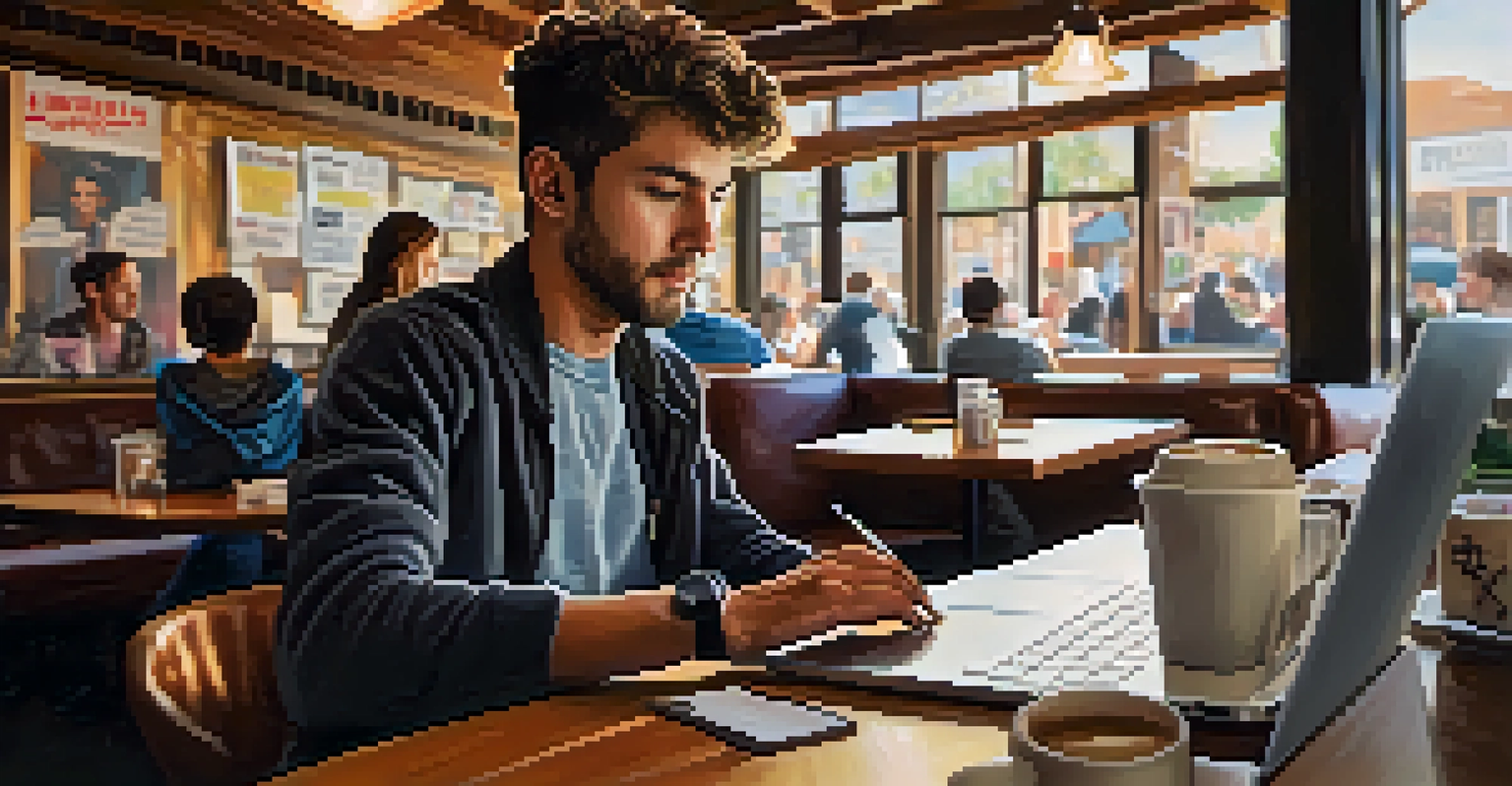 A close-up of an entrepreneur at a coffee shop in Boulder, working on a laptop surrounded by notes and coffee.