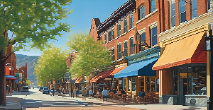 A scenic view of Boulder's historic downtown featuring old buildings and the Rocky Mountains in the background, illuminated by golden afternoon light.