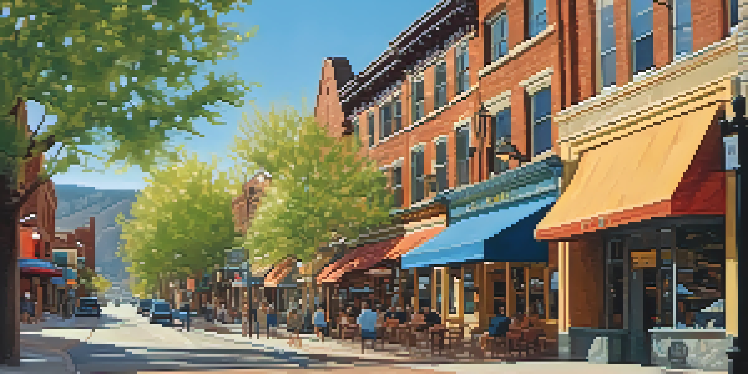 A scenic view of Boulder's historic downtown featuring old buildings and the Rocky Mountains in the background, illuminated by golden afternoon light.
