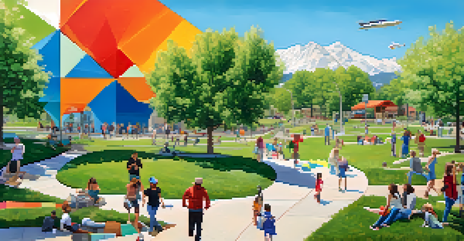 A vibrant collage representing environmental health and community well-being, featuring clean air, green spaces, and people outdoors.