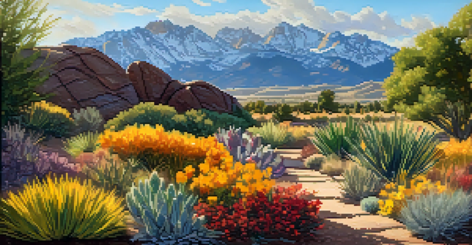 A colorful garden with drought-resistant native plants under warm sunlight, with the Rocky Mountains in the background.