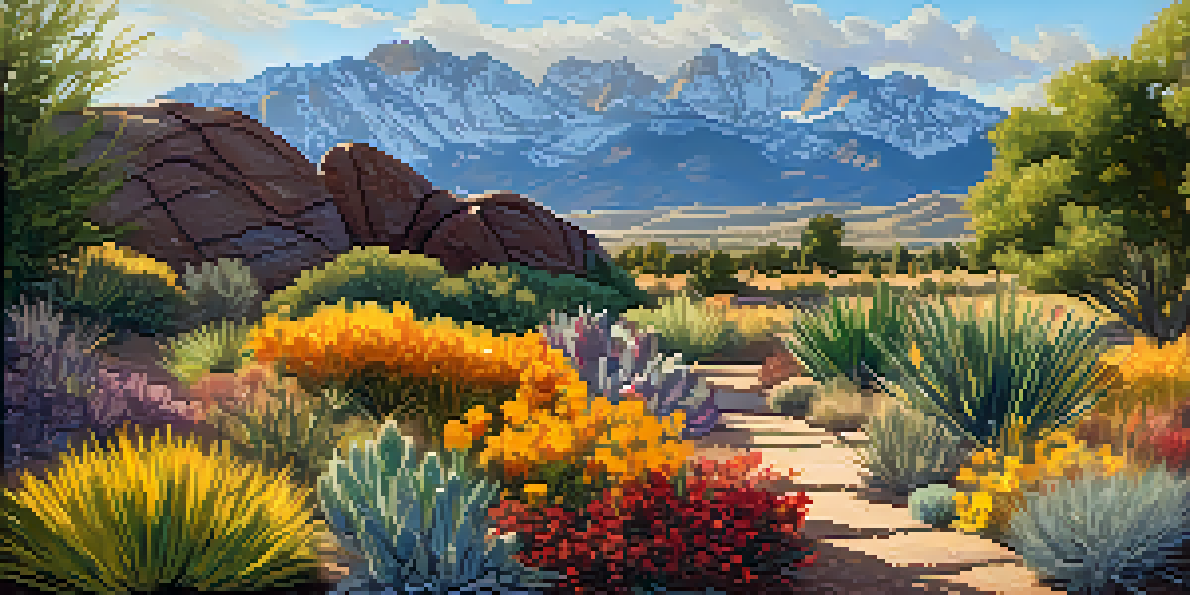 A colorful garden with drought-resistant native plants under warm sunlight, with the Rocky Mountains in the background.