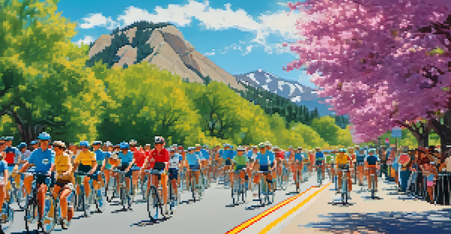A lively cycling event in Boulder during the 1980s, showcasing a diverse group of cyclists and colorful banners promoting cycling safety.