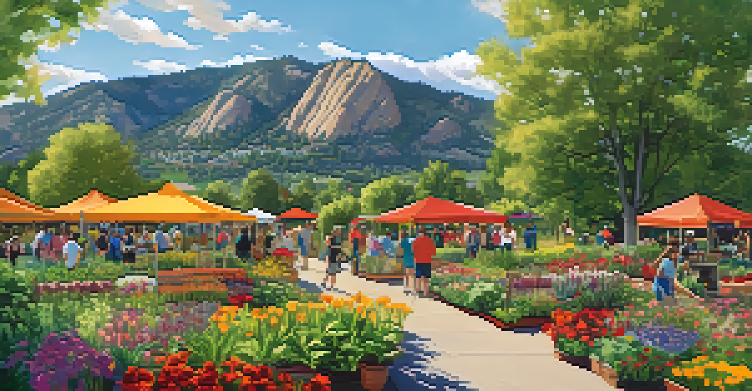A scenic view of Boulder, Colorado, with the Rocky Mountains in the background and a community garden in the foreground, featuring people engaging in healthy activities.