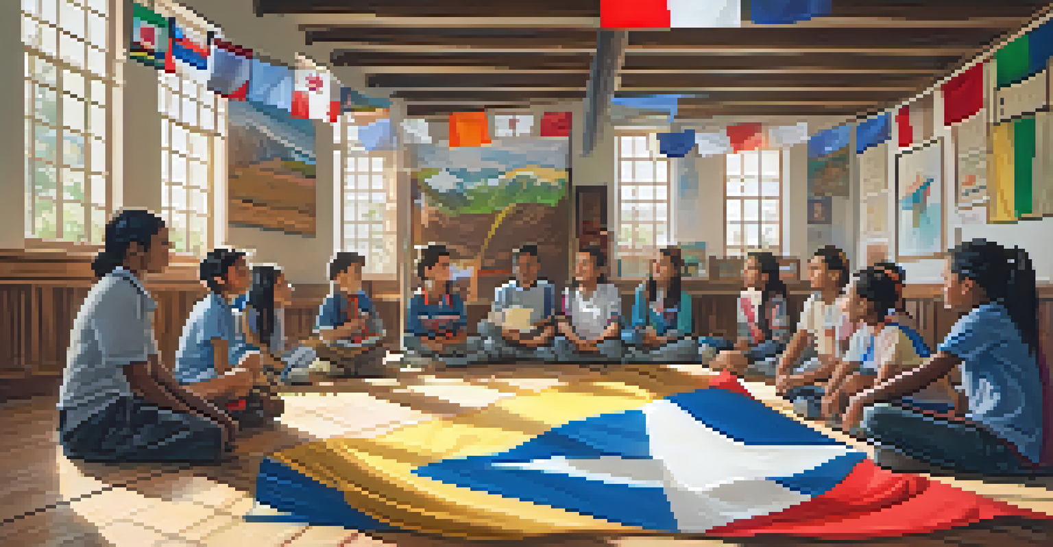 A classroom with students participating in a cultural exchange program, sharing stories and artifacts in a bright, welcoming space.