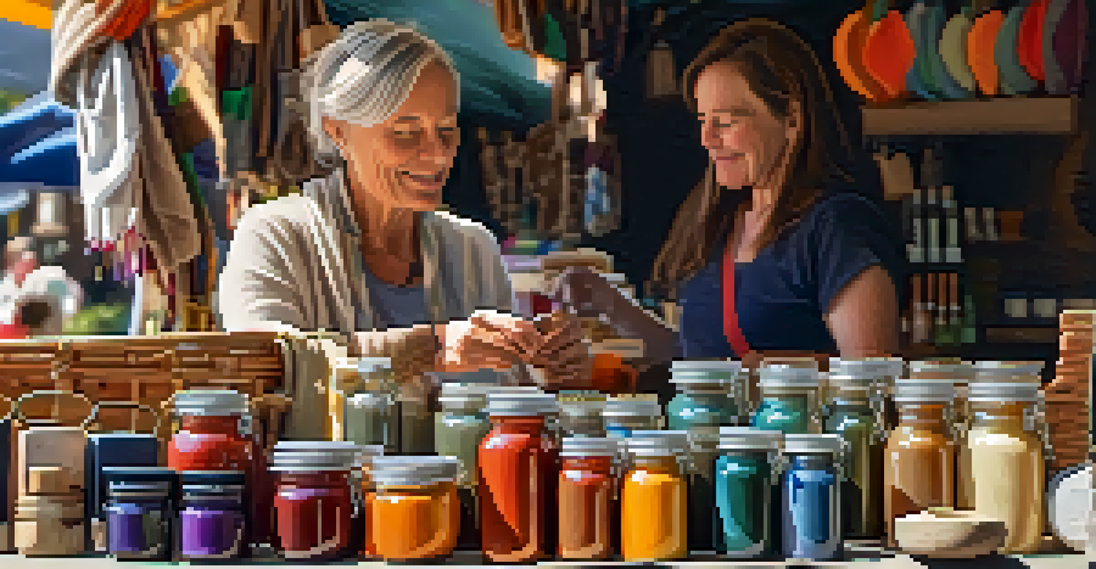A close-up of a stall featuring handmade pottery and organic skincare, with an artisan interacting with a customer.