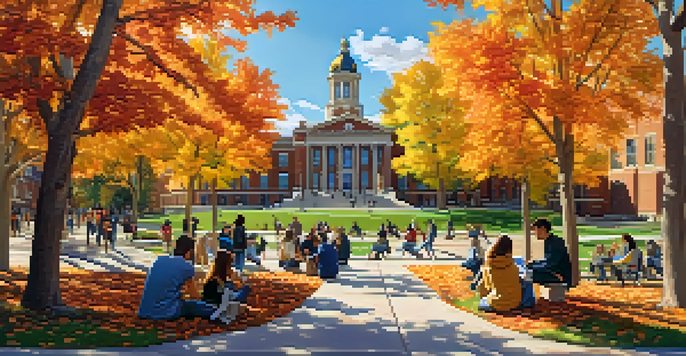 A diverse group of students working on an art project in front of CU Boulder, surrounded by autumn leaves and university buildings under a clear sky.