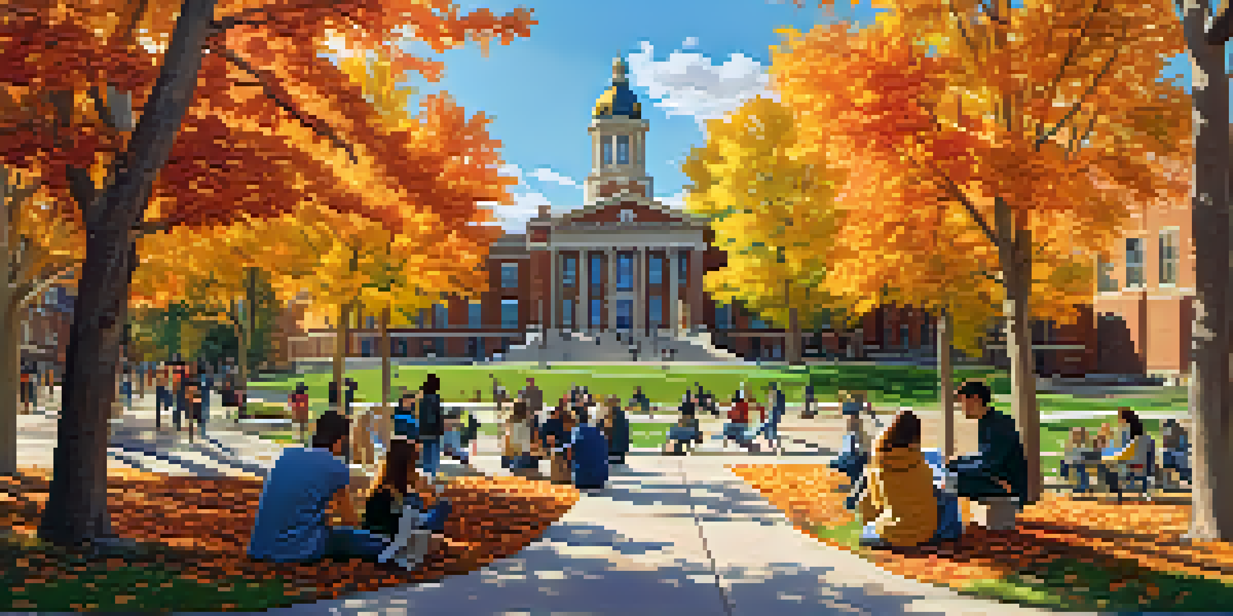 A diverse group of students working on an art project in front of CU Boulder, surrounded by autumn leaves and university buildings under a clear sky.