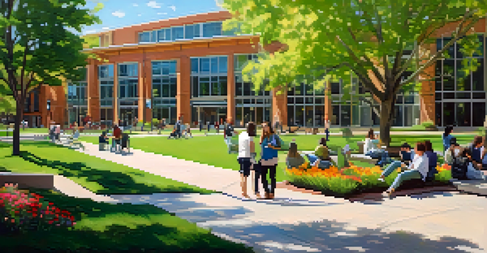 A sunny university campus in Boulder with students collaborating outdoors, surrounded by greenery and colorful flowers.