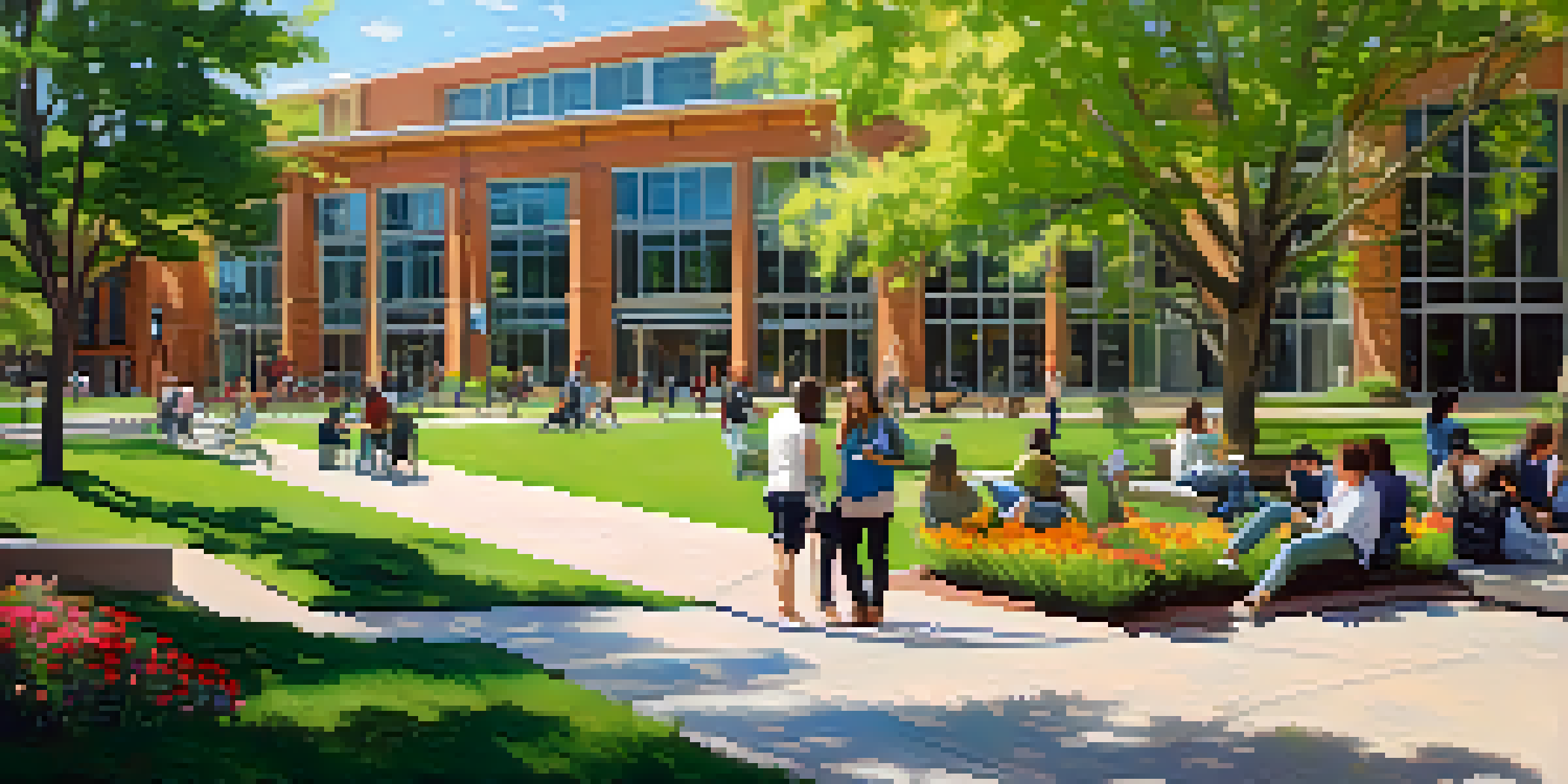 A sunny university campus in Boulder with students collaborating outdoors, surrounded by greenery and colorful flowers.