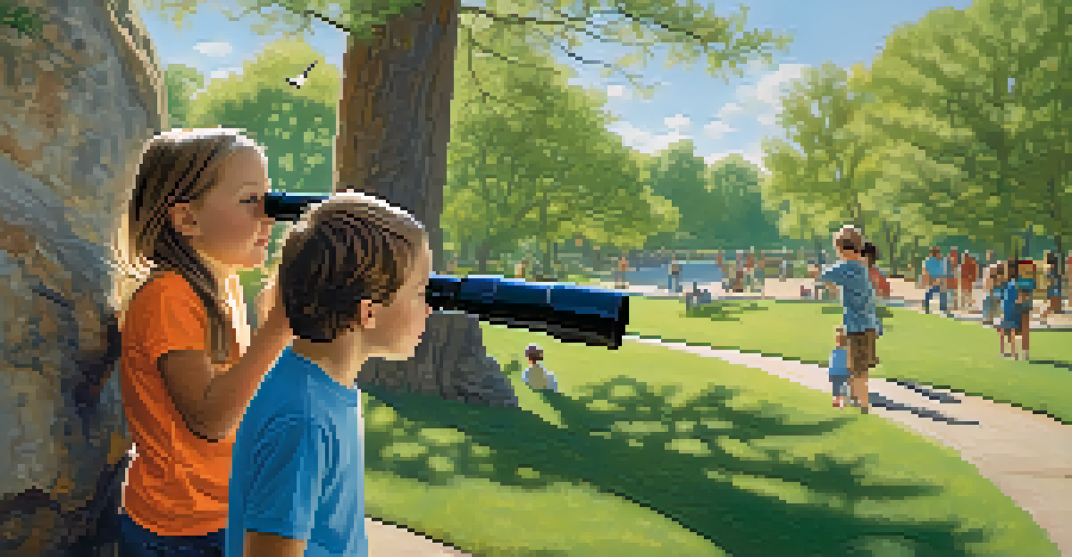 Children observing birds in a Boulder park using binoculars, with trees and a clear sky in the background.