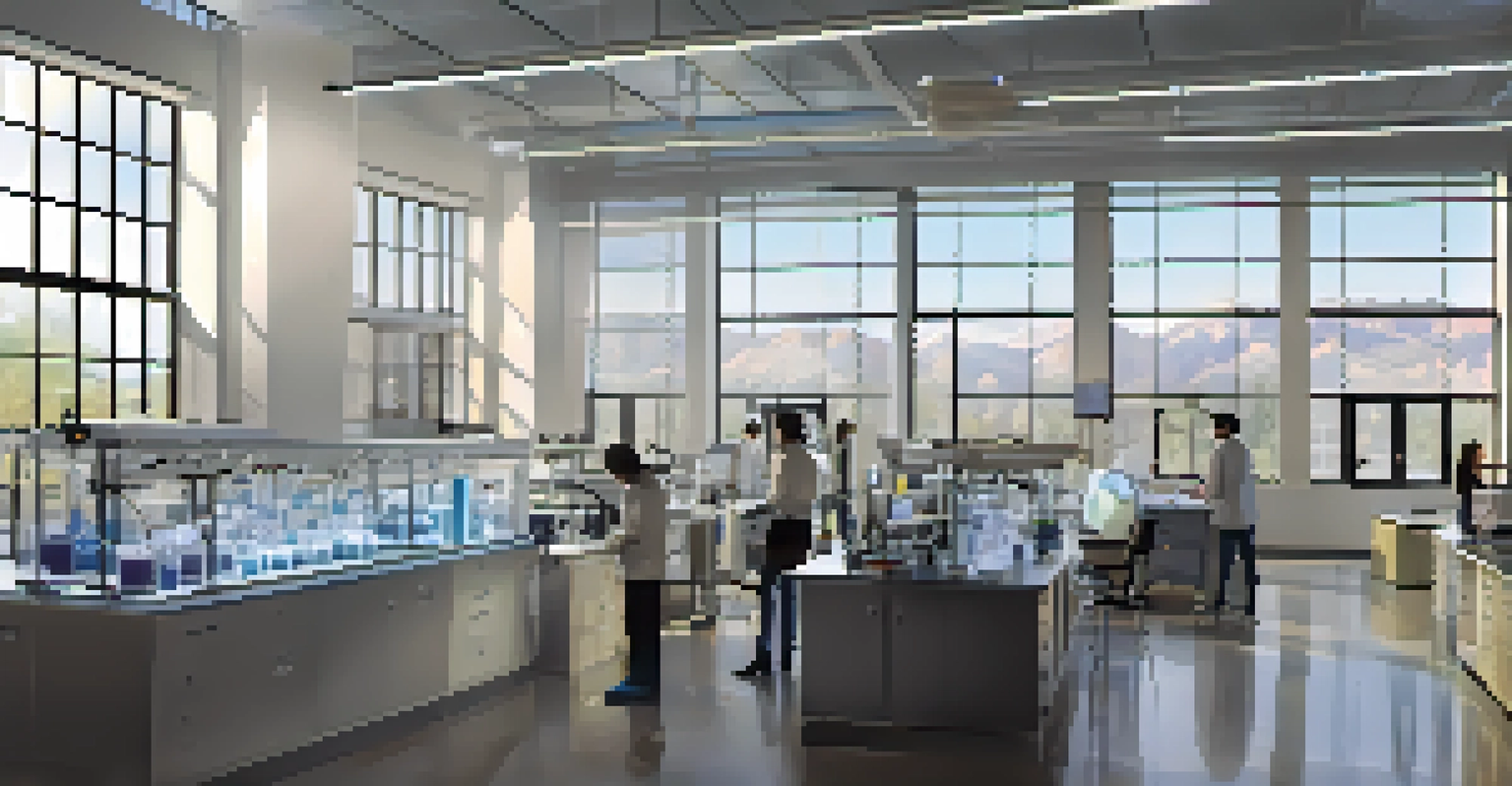 Students working in a modern research lab at CU Boulder, surrounded by advanced technology and natural light streaming through large windows.