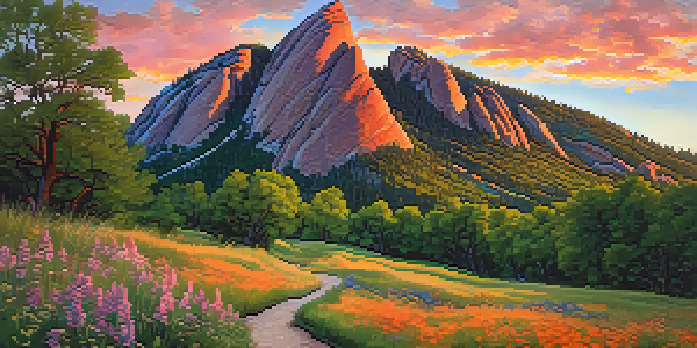 A scenic view of the Flatirons at sunset with vibrant colors and a winding trail.