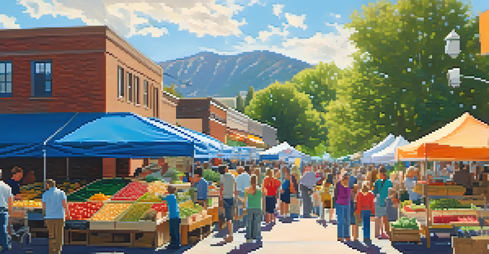 A busy farmer's market in Boulder with colorful stalls and fresh produce, surrounded by mountains and bright sunlight.