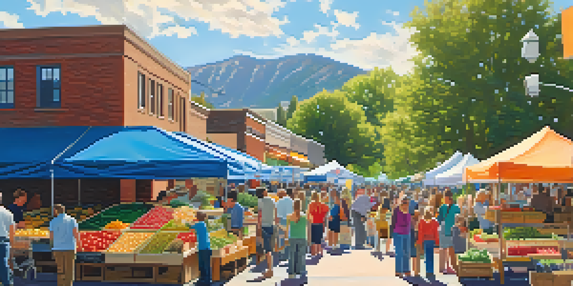 A busy farmer's market in Boulder with colorful stalls and fresh produce, surrounded by mountains and bright sunlight.