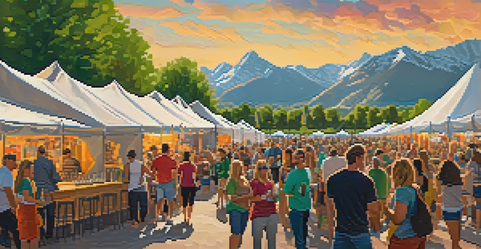 A lively Boulder craft beer festival with attendees enjoying beers, food trucks, and the Flatirons mountains in the background.