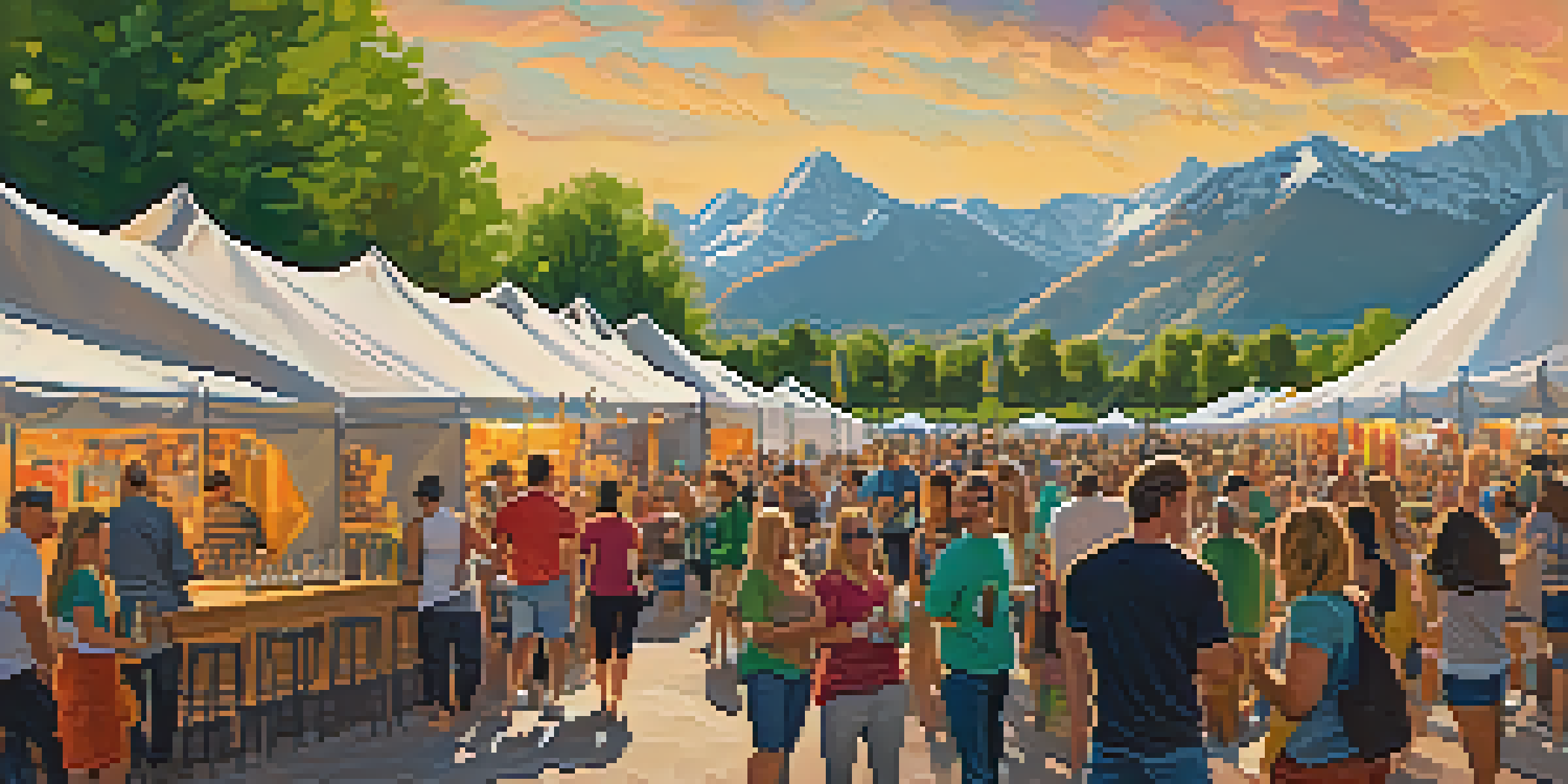 A lively Boulder craft beer festival with attendees enjoying beers, food trucks, and the Flatirons mountains in the background.