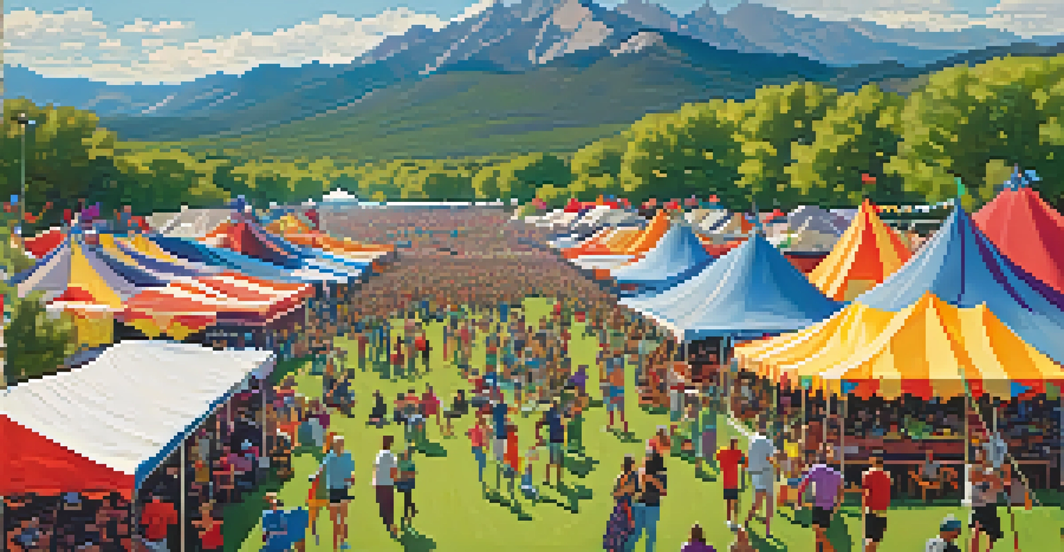An aerial view of the Boulder International Festival, showing stages, food stalls, and people enjoying the event, with the Flatirons in the background.
