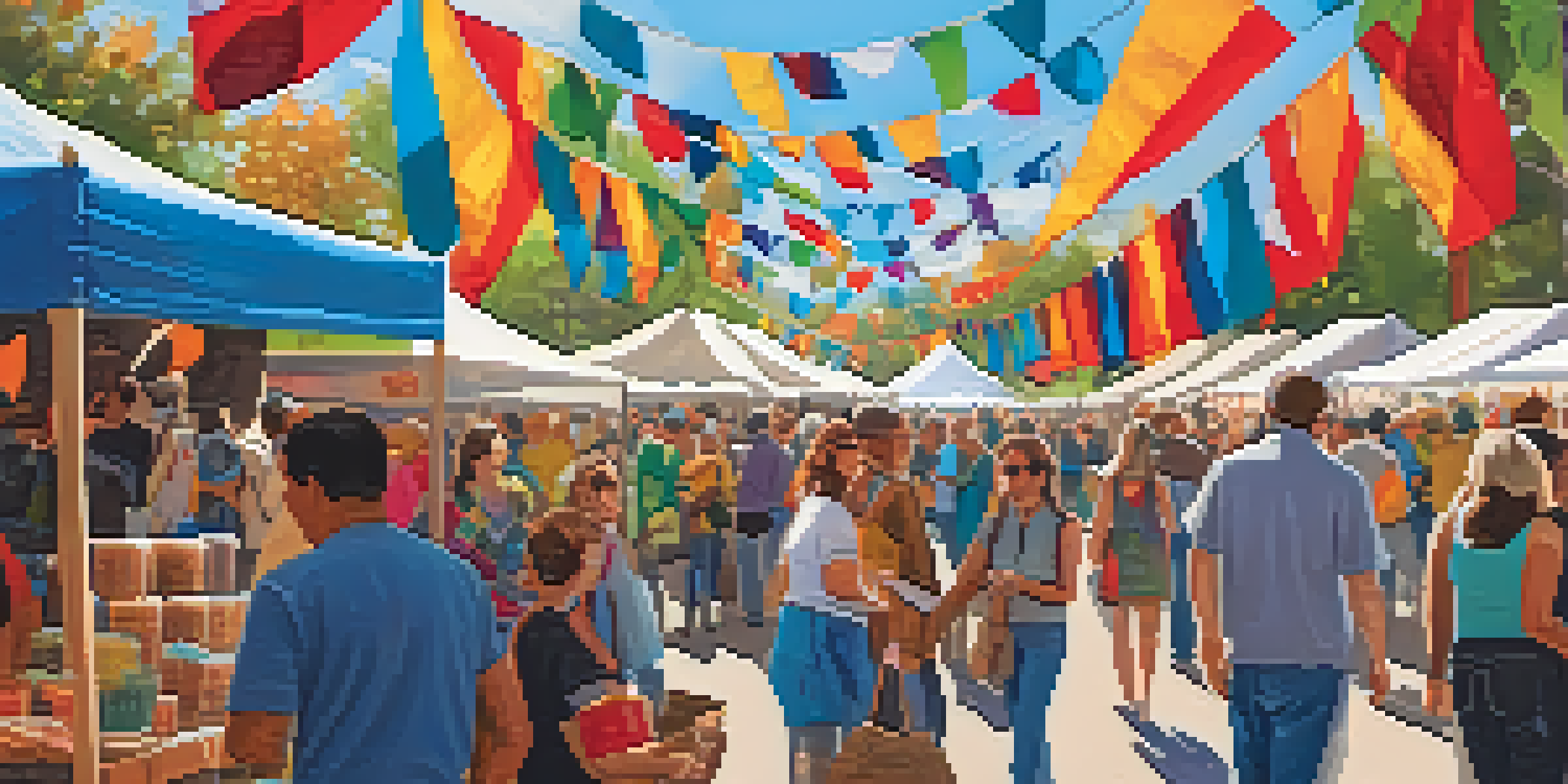 A lively festival atmosphere with stalls displaying crafts and organic products, surrounded by a diverse crowd of people enjoying the event under a clear blue sky.