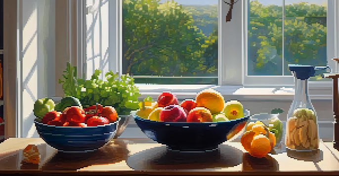 A bright kitchen with fresh fruits and vegetables on a countertop, a sunny window, an open cookbook, and a bowl of salad.