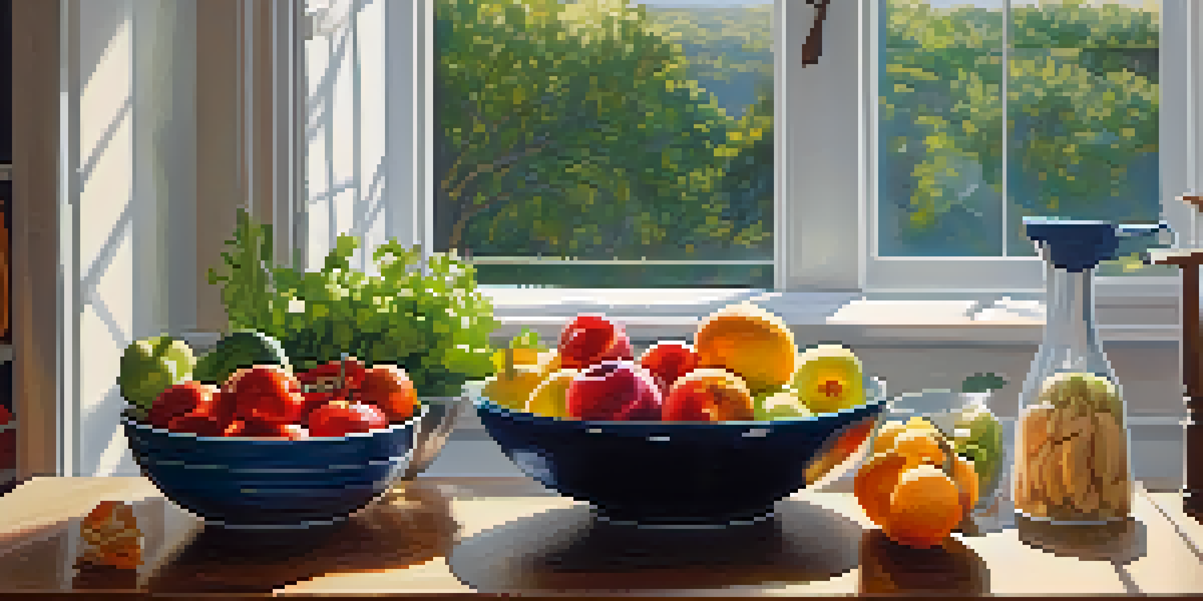 A bright kitchen with fresh fruits and vegetables on a countertop, a sunny window, an open cookbook, and a bowl of salad.
