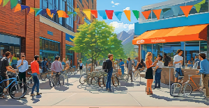 A lively street in Boulder with entrepreneurs chatting outside a modern glass building, framed by the Flatirons mountains in the background.