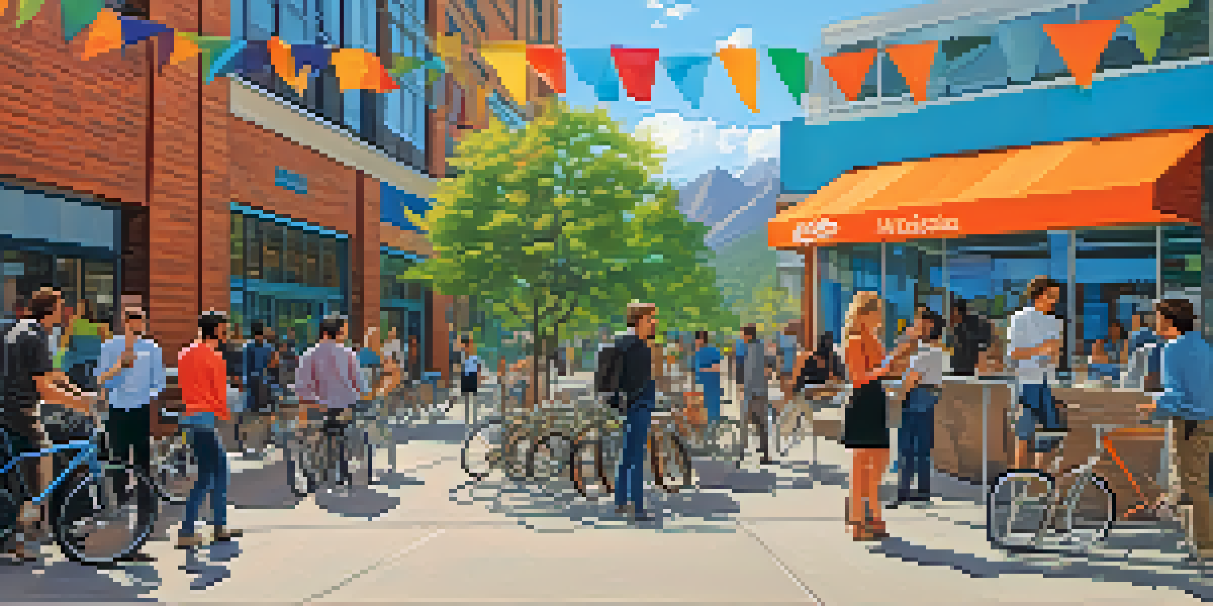 A lively street in Boulder with entrepreneurs chatting outside a modern glass building, framed by the Flatirons mountains in the background.