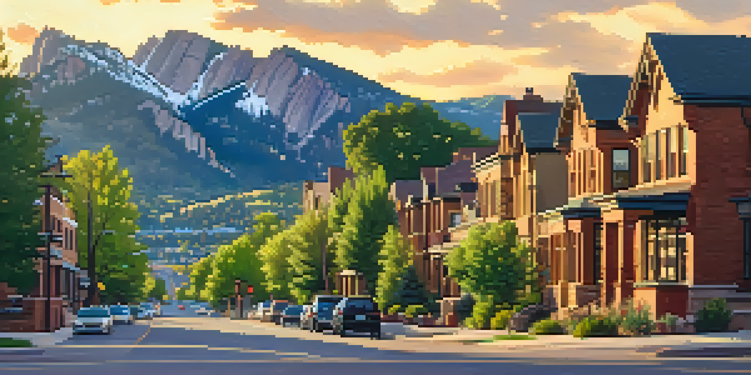 A landscape view of Boulder, Colorado, featuring a mix of Victorian and modern architecture with mountains in the background, illuminated by sunset light.