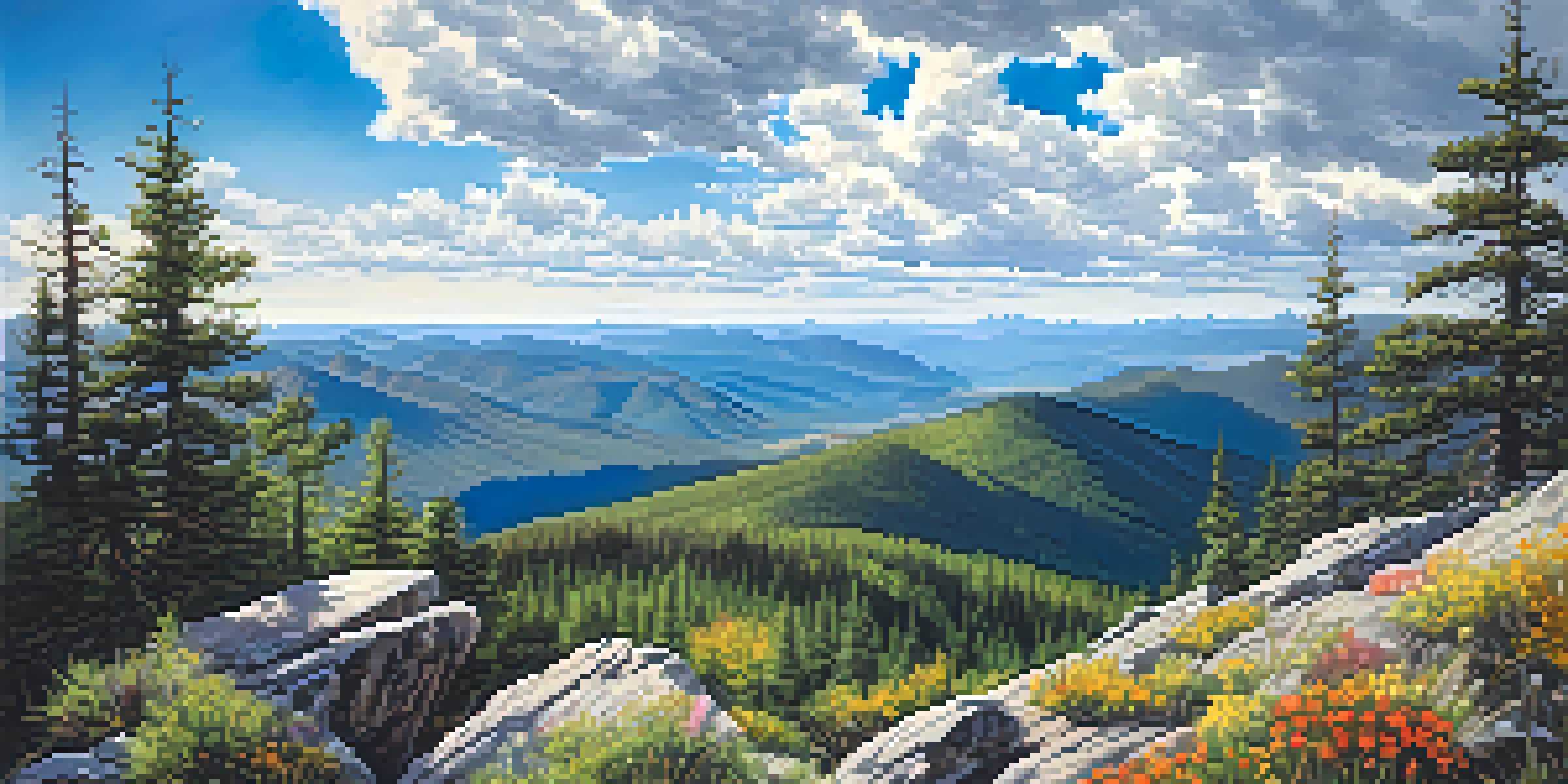 A panoramic view from Bear Peak showing mountains, forests, and a blue sky with clouds.