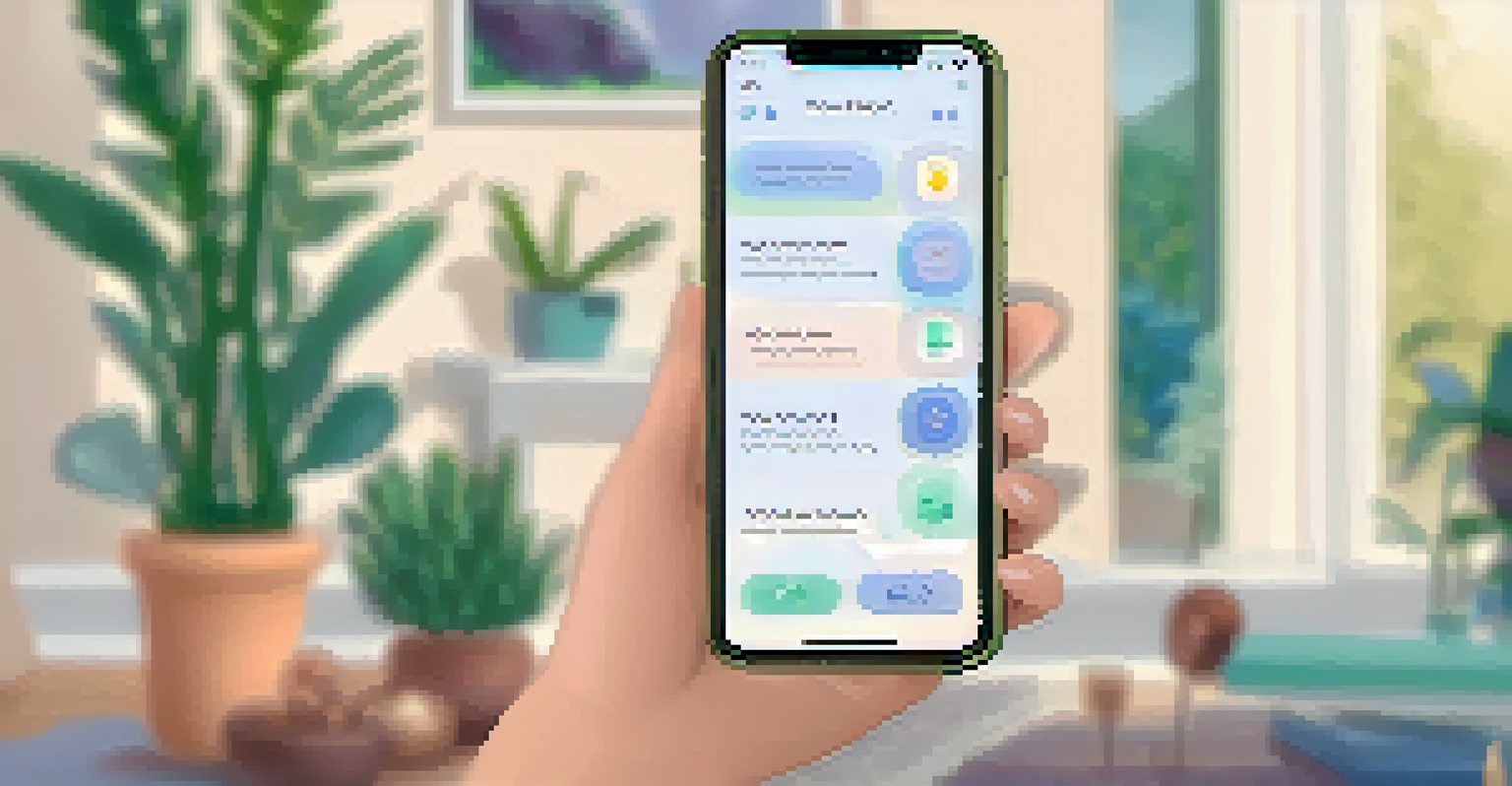 A smartphone showing a mental health support app interface with calming colors in a cozy living room background.