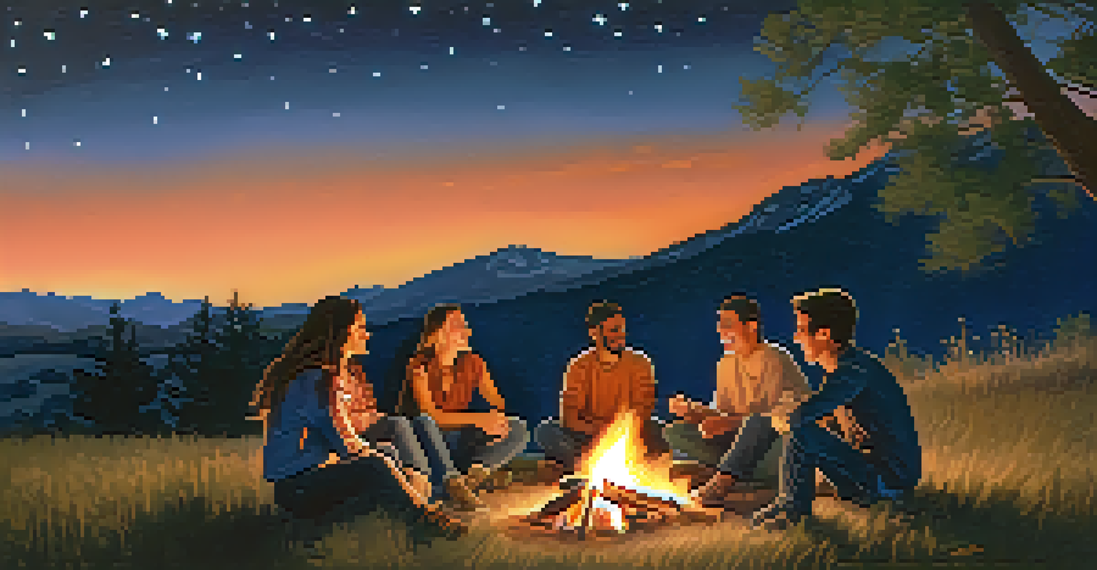 A group of young leaders sitting around a campfire at dusk, sharing stories and laughter in a serene outdoor setting with stars in the sky.