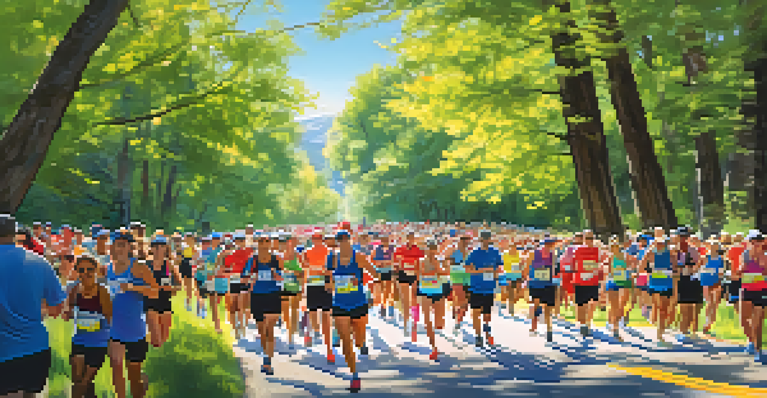 Participants running in a lively 10K race along a beautiful creek path, with spectators cheering and colorful banners in the background.