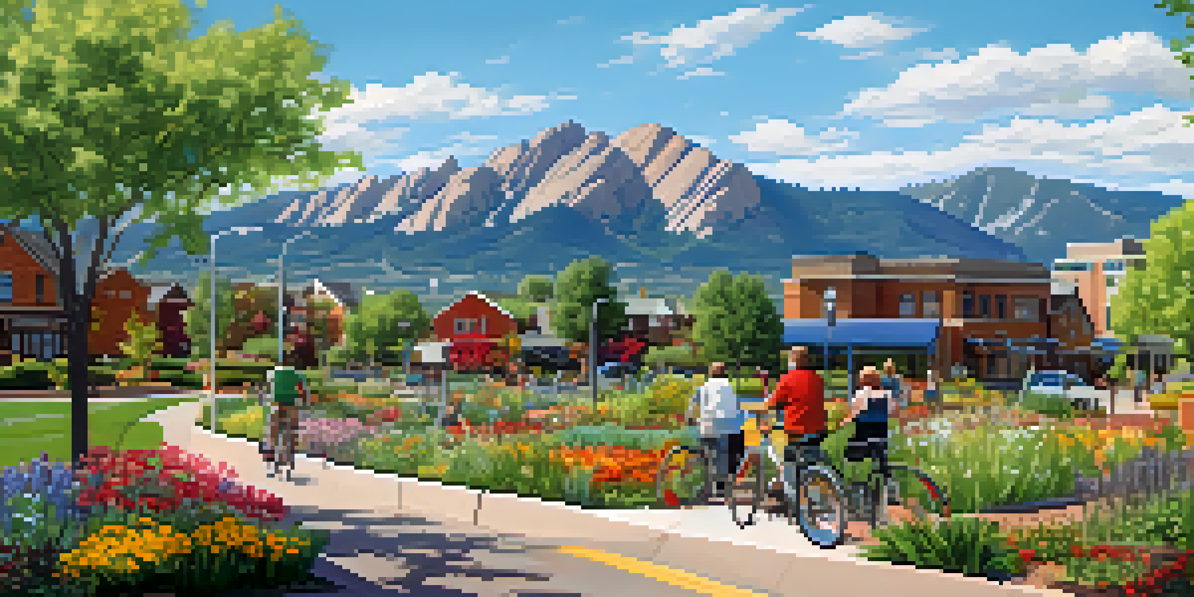 A colorful view of Boulder, Colorado, highlighting solar panels, bicycles, and a community garden with mountains in the background.
