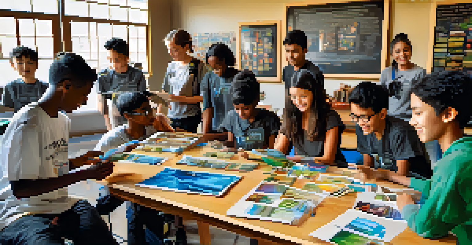 Young participants actively engaged in a fair trade workshop, with educational materials on a table and a facilitator guiding the session.