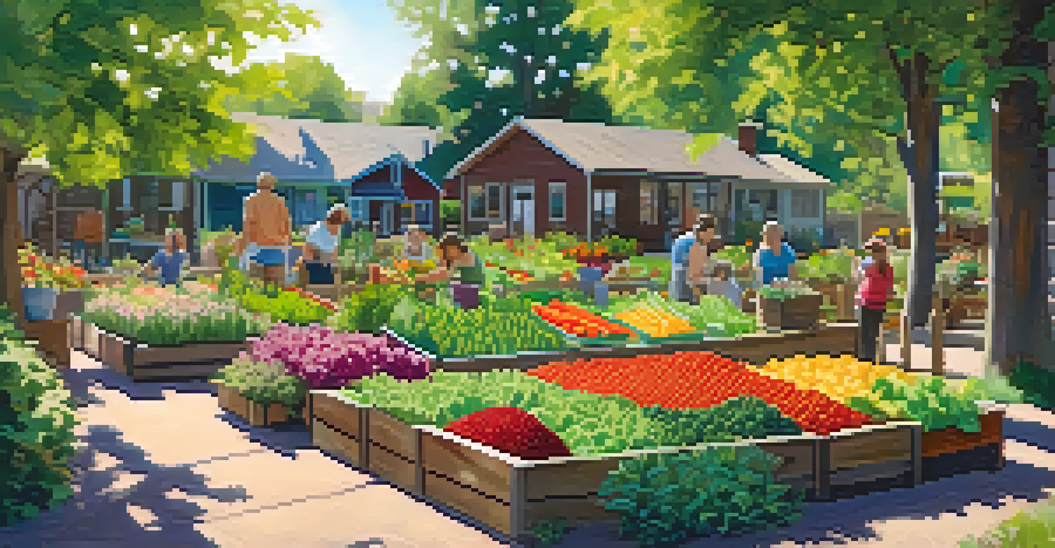 A community garden in Boulder, Colorado, with colorful vegetables and flowers, and neighbors sharing tips in a sunny atmosphere.