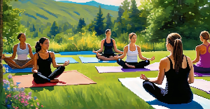 A group of people practicing yoga outdoors with the Rocky Mountains in the background, surrounded by greenery and flowers.