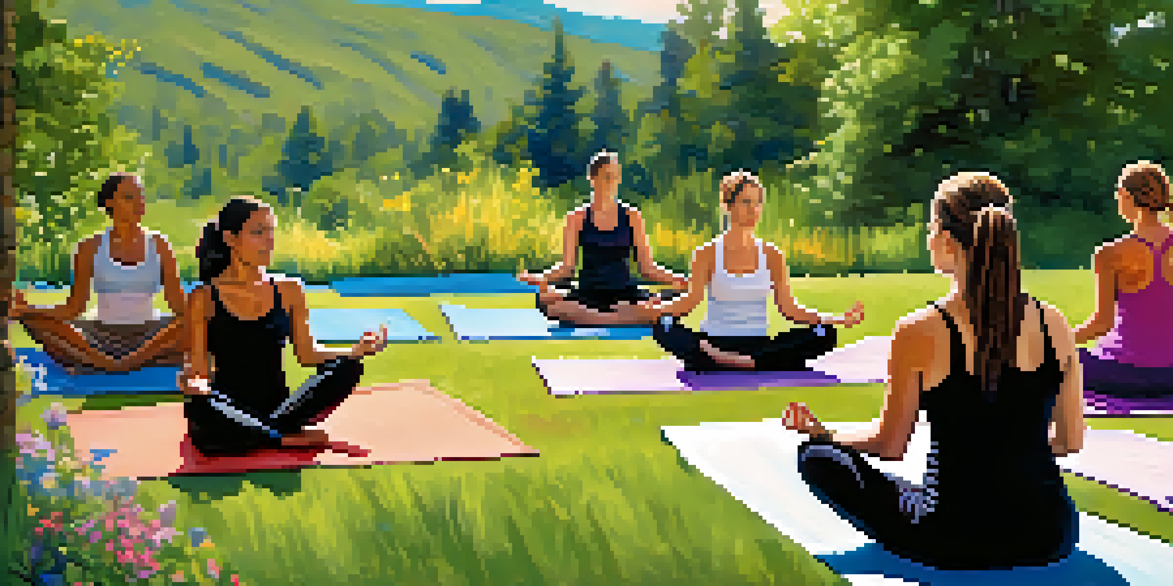 A group of people practicing yoga outdoors with the Rocky Mountains in the background, surrounded by greenery and flowers.