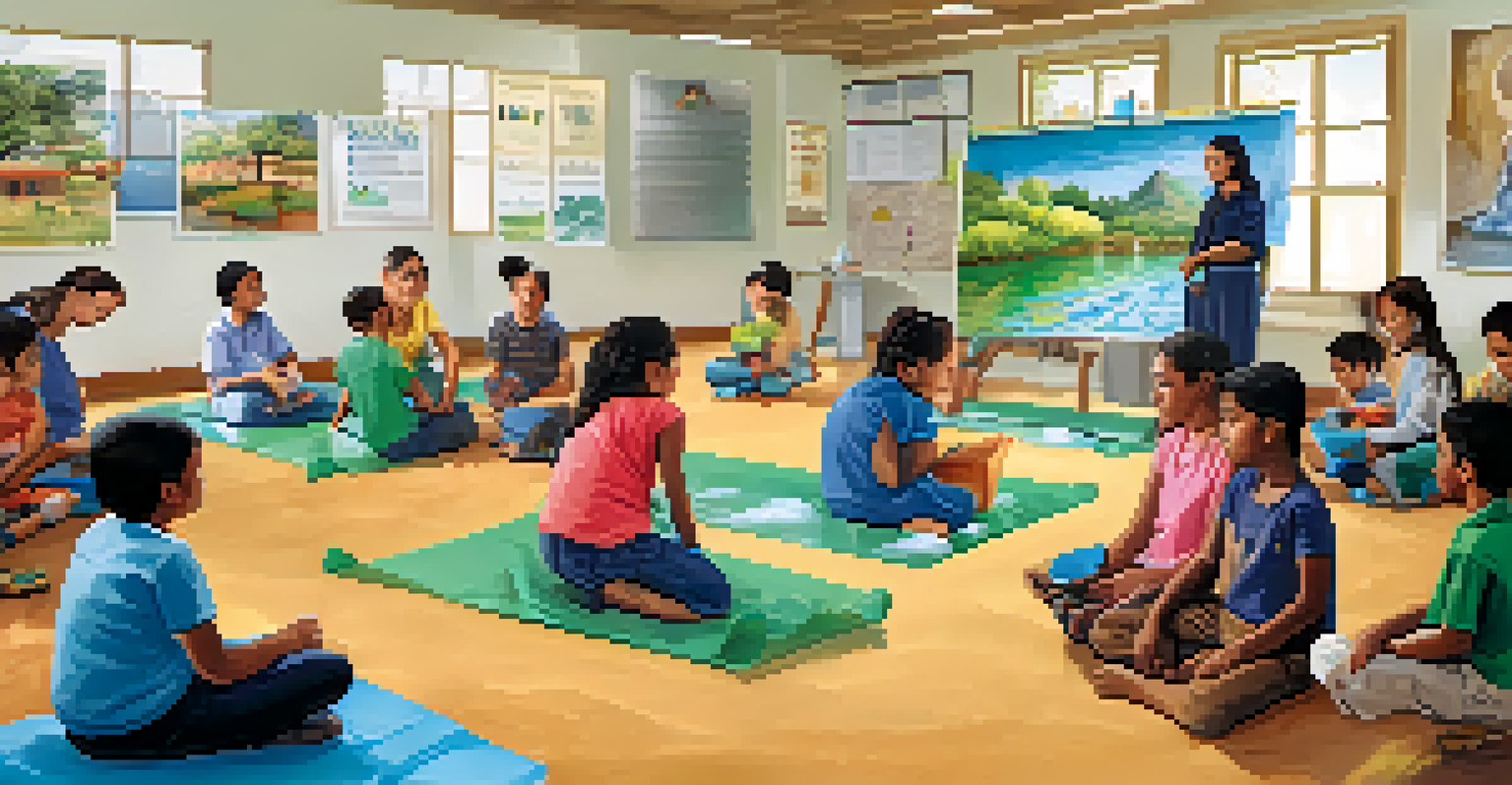A community workshop on water conservation with families and children learning about sustainable practices, led by an instructor in a well-lit community center.