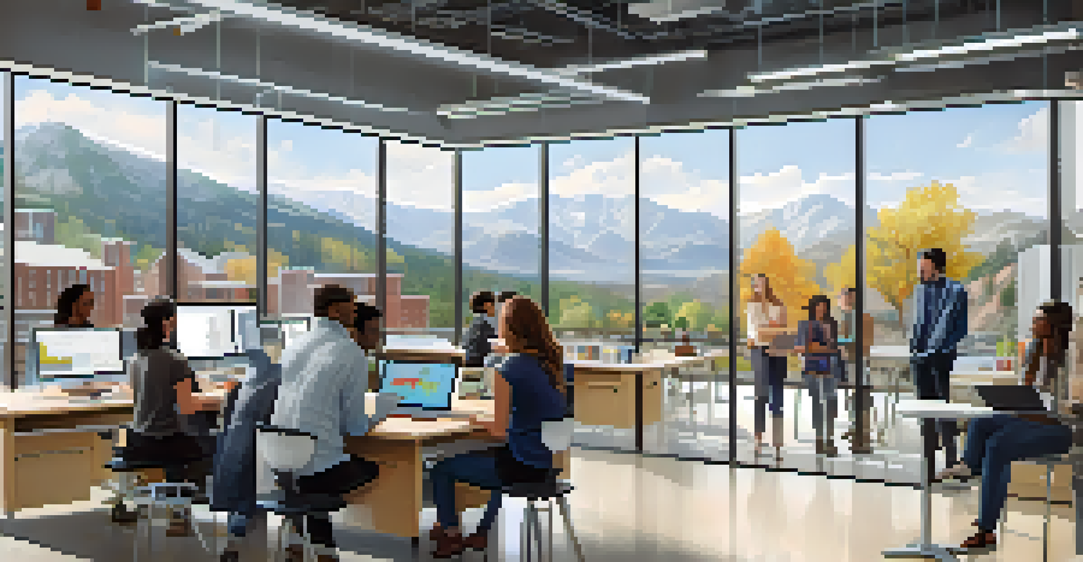 A diverse group of students working together in a modern lab at CU Boulder, surrounded by technology and a view of the campus through a large window.