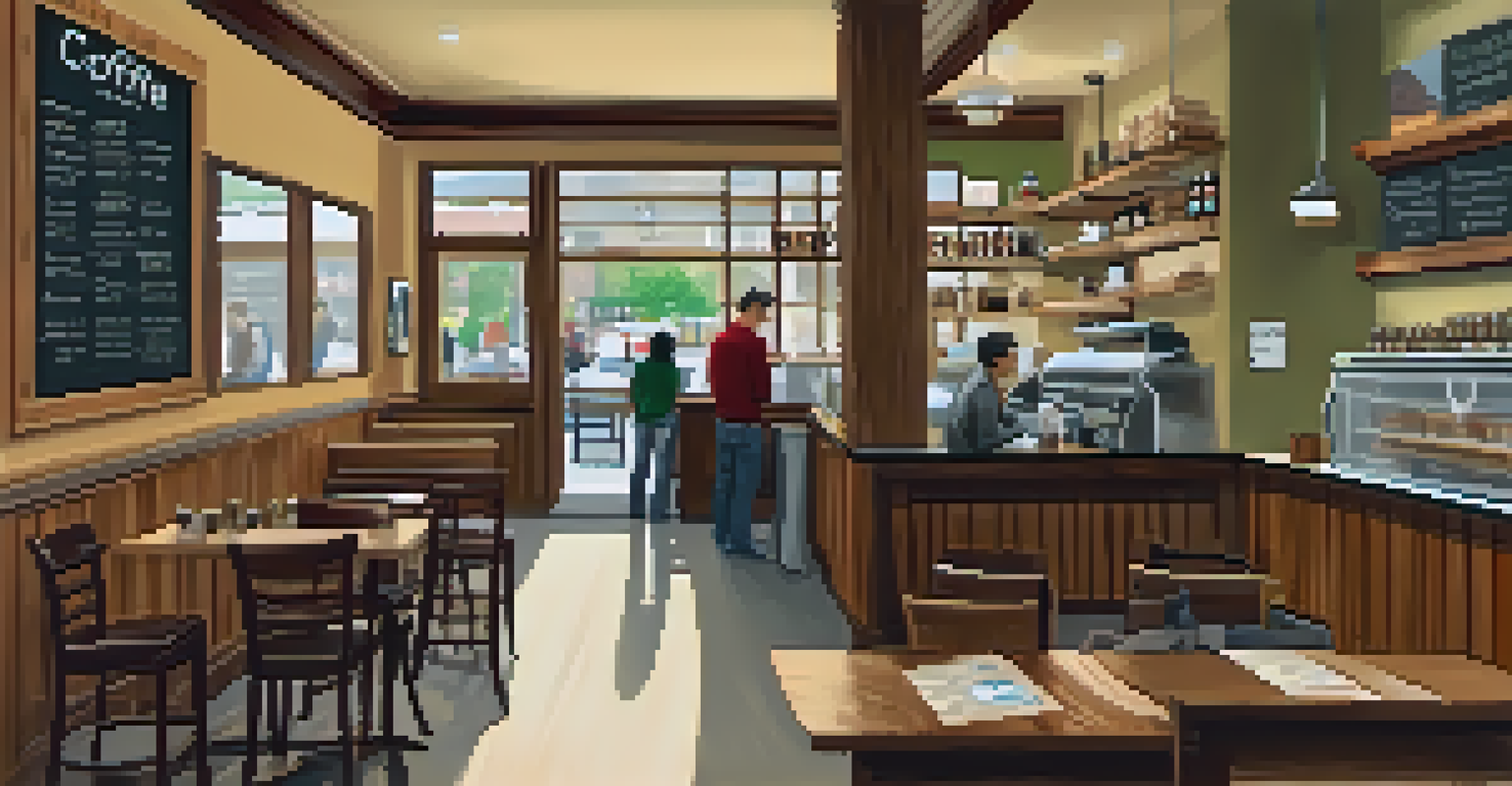 A cozy coffee shop interior with wooden furniture and shelves of coffee beans, patrons conversing, and a barista preparing coffee, promoting fair trade awareness.