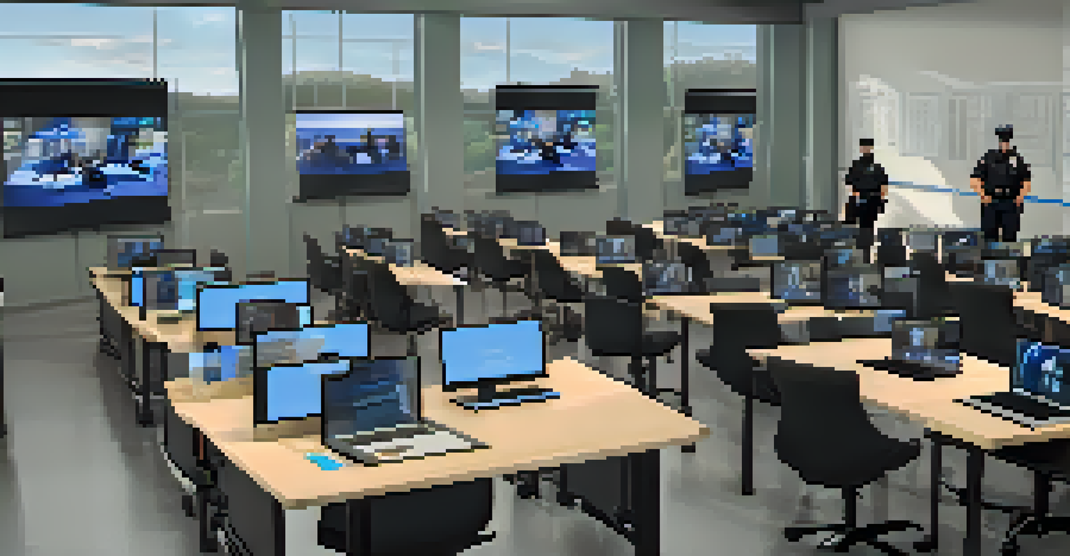 Police officers in a classroom using virtual reality for training, with screens showing realistic scenarios.