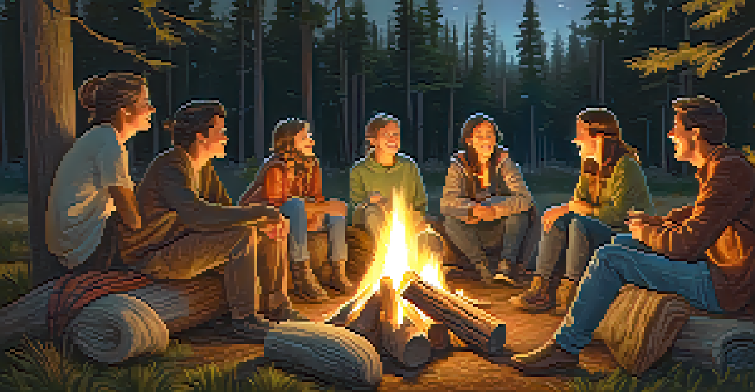 A group of friends sitting around a campfire at night, sharing stories under a starlit sky, creating a warm and inviting atmosphere.