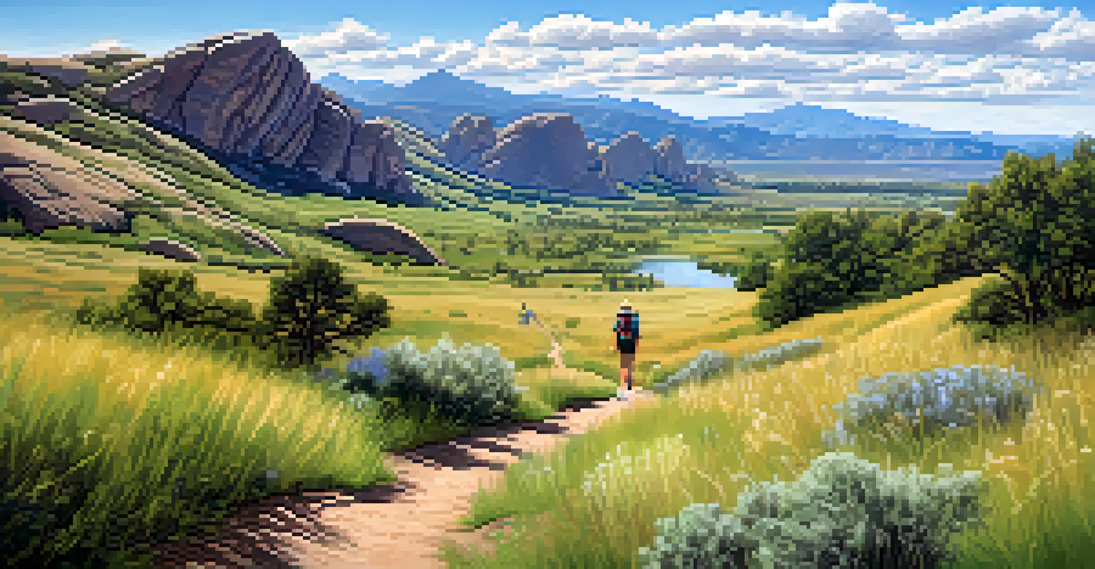A hiking trail winding through meadows with mountains in the background and hikers enjoying the view.